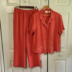Vintage Alfred Dunner 2 Piece Set Size 16/18 Crepe Dark Coral Embroidered Beaded